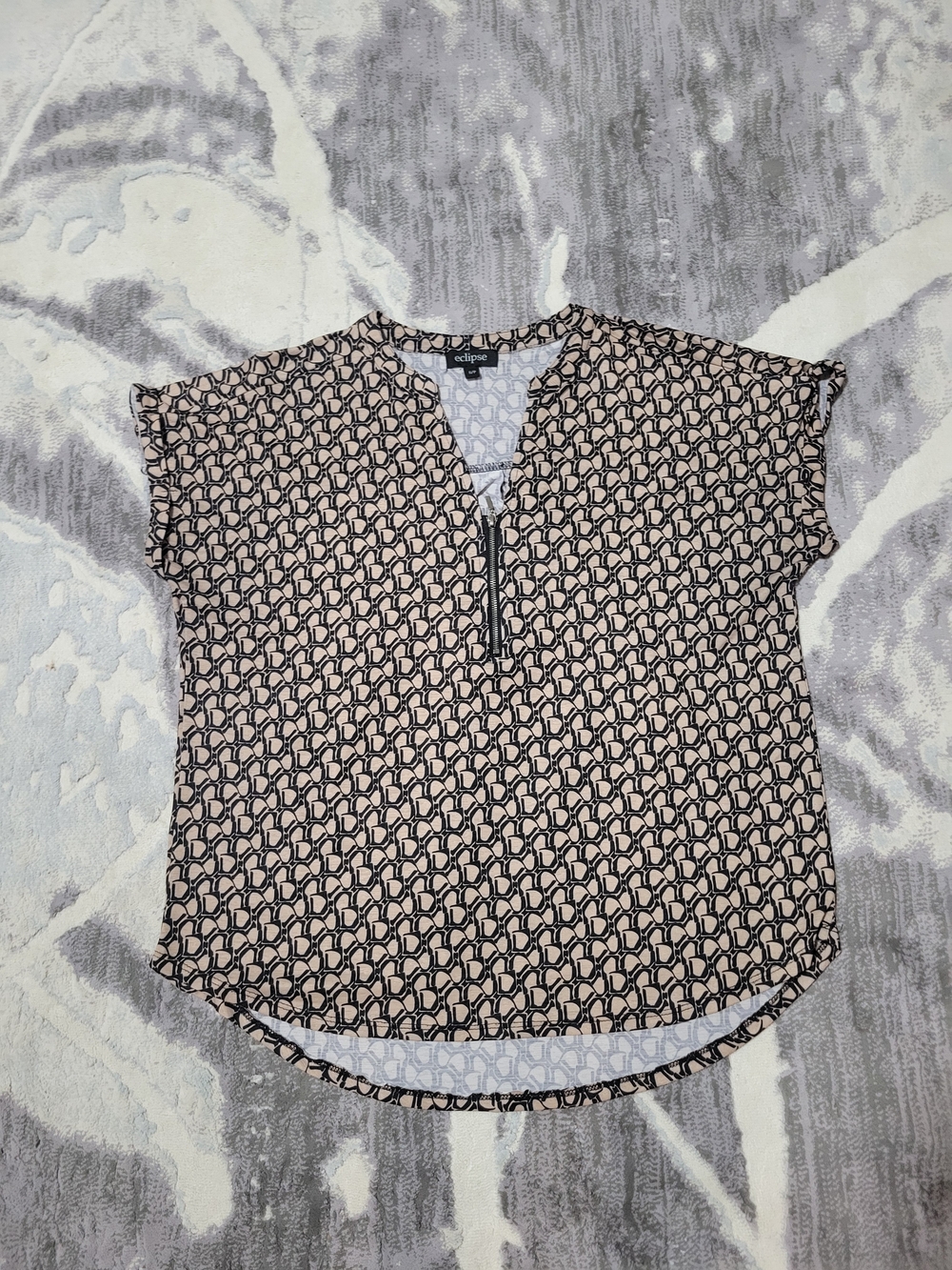 Eclipse Beige & Black Geometric Notch-Neck Blouse